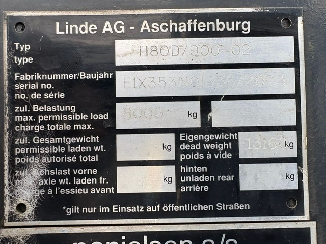 Linde H80D/900-02 - 8 Tonne Diesel Forklift Truck